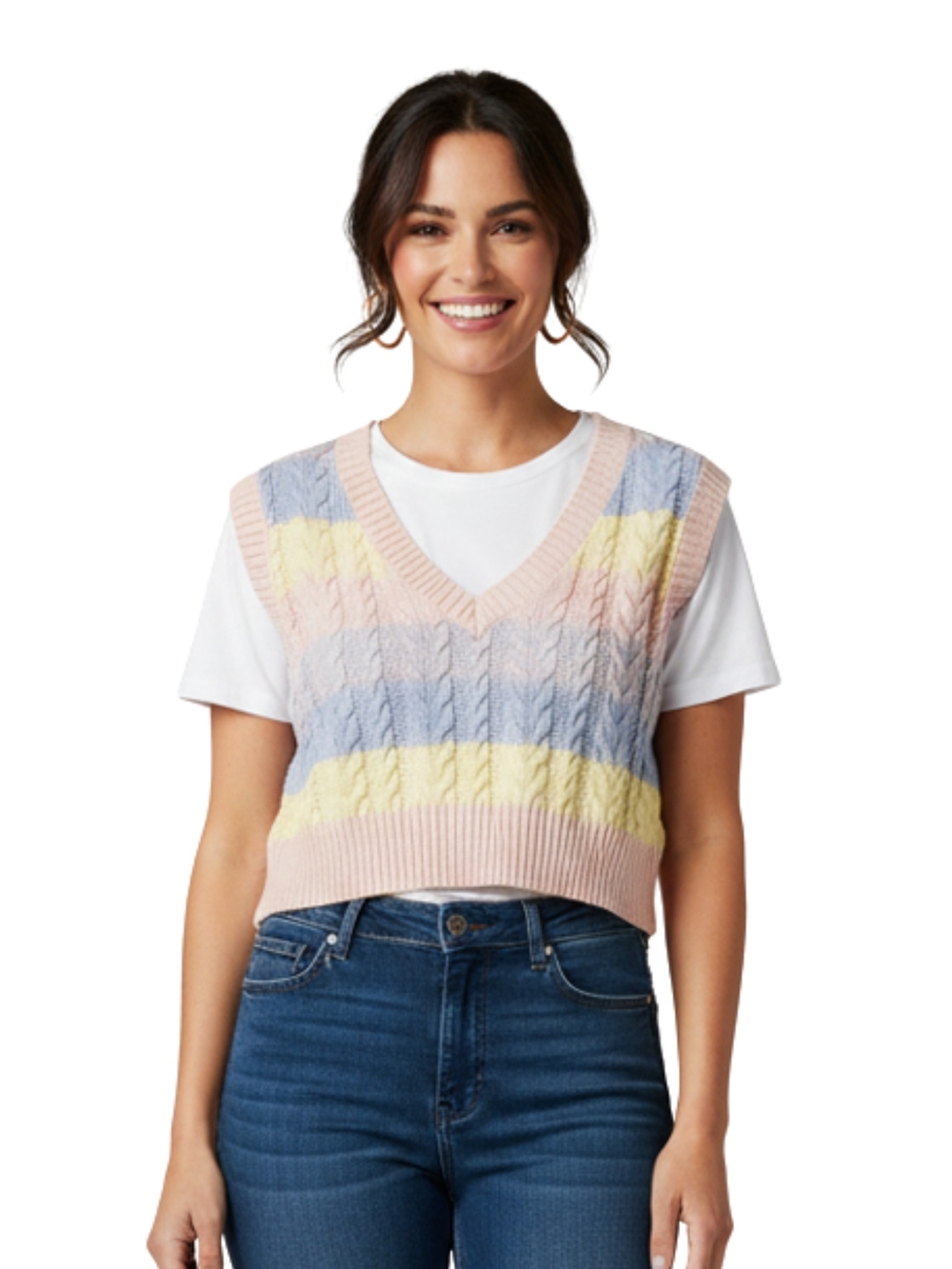 stradivarius Pastel Striped Cable-Knit V-Neck Sweater Vest — Pink, Blue, Yellow